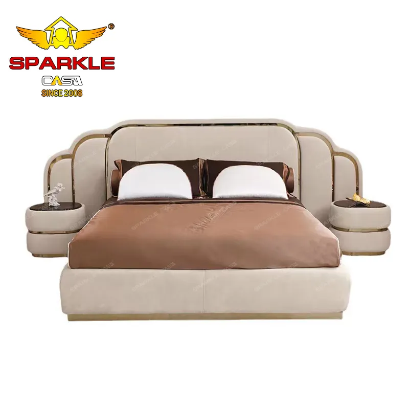 Sparkle Light cama de tela moderna de lujo diseñador muebles de dormitorio de alta gama cama doble de cuero genuino