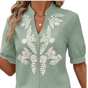 Blusa Vintage Elegante de Manga Regular con Cuello en V, Bordado Floral Sólido y Paisley, Transpirable, Moda Retro para Otoño y Primavera al por Mayor - Product Image 1