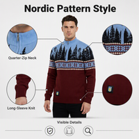 Pull de Noël pour homme FNJIA, tricot jacquard, col montant à demi-zip, bleu et rouge, manches longues, motif nordique, personnalisable, OEM, vente en gros