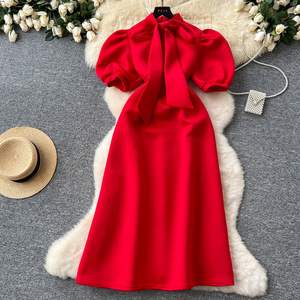 open lace back dress Red Floral V-Neck Short Puff Sleeve Tiered Maternity Midi Dress