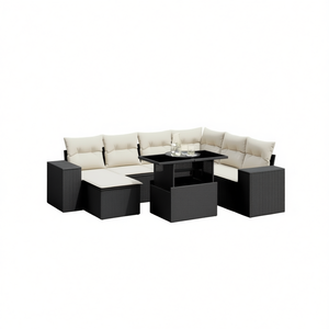 Conjunto de Sofás de Jardín en Negro y Crema, Muebles de Exterior de Ratán PE con Cojines de Espuma de Alta Densidad, Diseño Contemporáneo - Product Image 1