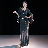 Ensemble de 4 pièces pour la danse égyptienne Saidi, Baladi, Galabeya, avec robe de danse folklorique orientale à franges brillantes et pièces de monnaie, pour Halloween