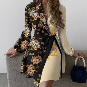 Venta al por mayor de las mujeres de la moda Vestido de satén Nuevo Europeo Americano Imprimir Casual Elegante Estilo de <span class=keywords><strong>manga</strong></span> <span class=keywords><strong>larga</strong></span> Tie-Wrap Vestido - Product Image 5
