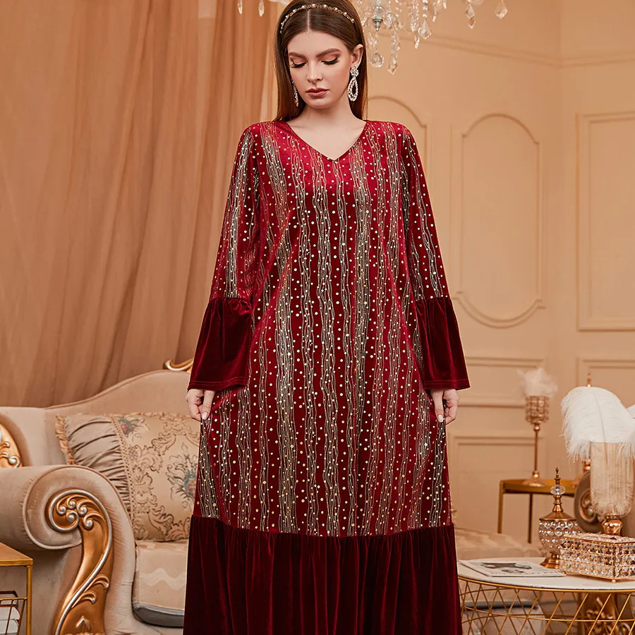 Gaun malam bordir merah anggur elegan Modern gaun formal malam gratis sabuk/gaun Islami Arab Sepuh beludru emas