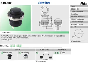 Taiwan SCI 16mm Momentary Push Button Switch R13-507 1N1NC Combination 6A/3A Maximum Current 250VAC UL CSA Certified