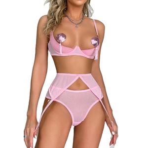 Ensemble de lingerie sexy pour femmes, blanc et rose, avec <span class=keywords><strong>soutien</strong></span>-<span class=keywords><strong>gorge</strong></span> à bonnets ouverts et culotte sans entrejambe en maille transparente, sexy et provocant - Product Image 4