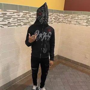 Xmas Y2K Full Zip Up Hoodie Men Rhinestones Spider Web Sweatshirt Hip Hop Grunge Skeleton Oversized Jacket Coat Full Zip Hoodie