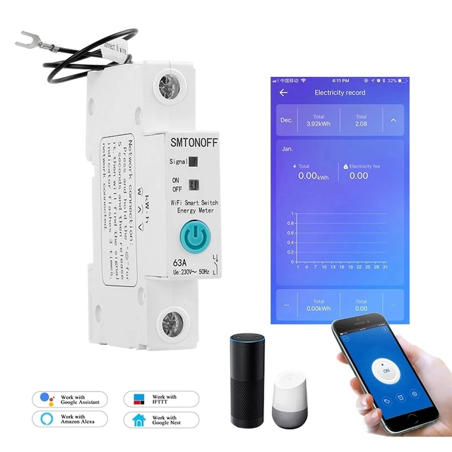 Single Phase Din Rail WIFI Smart Energy Meter Power Consumption kWh Meter Wattmeter with Alexa for Smart Home