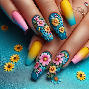 Горячая новинка: 24 шт. накладных ногтей для девочек, квадратные, 3D, с дизайном под подсолнух, искусственные типсы для маникюра из АБС-пластика - Product Image 1