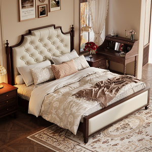Cama Doble Americana de Lujo Moderno de 1.8m con Estructura de Madera Sólida y Tapicería de Tela, con Botones, en Nogal y Roble para Dormitorio Principal - Product Image 4