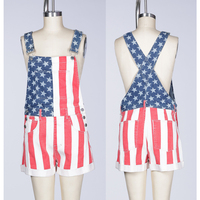Combinaison en jean pour femme, design personnalisé en usine, mode streetwear estivale, imprimé drapeau américain, bretelles larges, short en jean