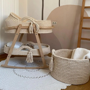 Cesta de Mimbre de Algodón Hecha a Mano para Cambiar Pañales de Bebé con Colchón Impermeable, Cesta Moisés para Bebé - Product Image 1