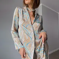RTS vente en gros, ensemble de 2 pièces de luxe polyester spandex imprimé satin doux lisse pantalon de sommeil kimono pleine longueur pour femmes vêtements de nuit en soie