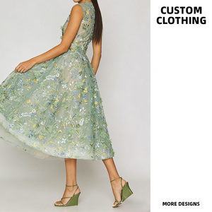 <span class=keywords><strong>Robe</strong></span> midi personnalisée pour <span class=keywords><strong>femme</strong></span>, vert sauge, broderie florale 3D, coupe trapèze, élégante, en maille, pour <span class=keywords><strong>mariage</strong></span>, <span class=keywords><strong>cocktail</strong></span>, soirée, jardin - Product Image 2