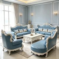 Europäisches Klassisches Geschnitztes Holzsofa-Set Blaues Echtleder Luxus-Villa Wohnzimmermöbel Heimsofa
