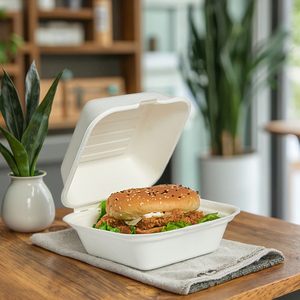 Wadah makanan Clamshell 6x6 sekali pakai dapat dikompos untuk <span class=keywords><strong>Burger</strong></span> <span class=keywords><strong>Fries</strong></span> Salad kue sandwich terbuat dari Bagasse - Product Image 1