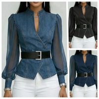 Chemisier en jean pour femme à manches bouffantes en résille, col montant, devant croisé, ceinture à la taille, style peplum, pour soirée et mode, vente en gros