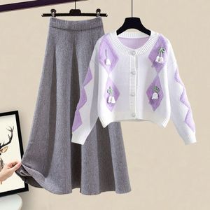 All'ingrosso della fabbrica di grandi dimensioni moda Slim Top Cardigan tinta unita in maglia di colore solido gonna abito due pezzi Set per le donne - Product Image 5