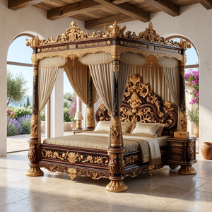 Luxury European Royal Style Antique Carved Solid Wood <b>Canopy</b> <b>Bed</b> Custom Upholstered Fabric Bedroom Furniture Set Specialty Sizes - Product Image 4