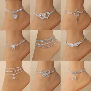 Finetoo Fashion Star Heart Butterfly Wings Anklet Bling Rhinestone Beach Anklets Bracelet for Women Foot Jewelry