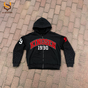 Sweat à capuche zippé vintage épais imprimé, style streetwear, effet vieilli délavé à l'acide, avec strass, coupe oversize - Product Image 1
