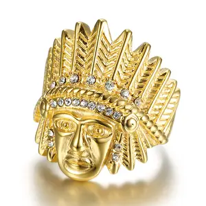 Anel de cabeça indiano hiphop, anéis banhados a ouro com cristal para homens