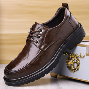 Leather Men's Oxfords <b>Round</b> Toe Lace-up Spring Wedding Dress Shoes <b>Cushioned</b> Rubber Sole Solid Color Business Formal Wear - Product Image 1
