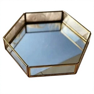 AMSON BRASS <b>Mirror</b> Base Vanity Tray Home <b>Table</b> Decoration Makeup Organizer Brass <b>Gold</b> Hexagon Shape Glass Jewelry Tray - Product Image 1