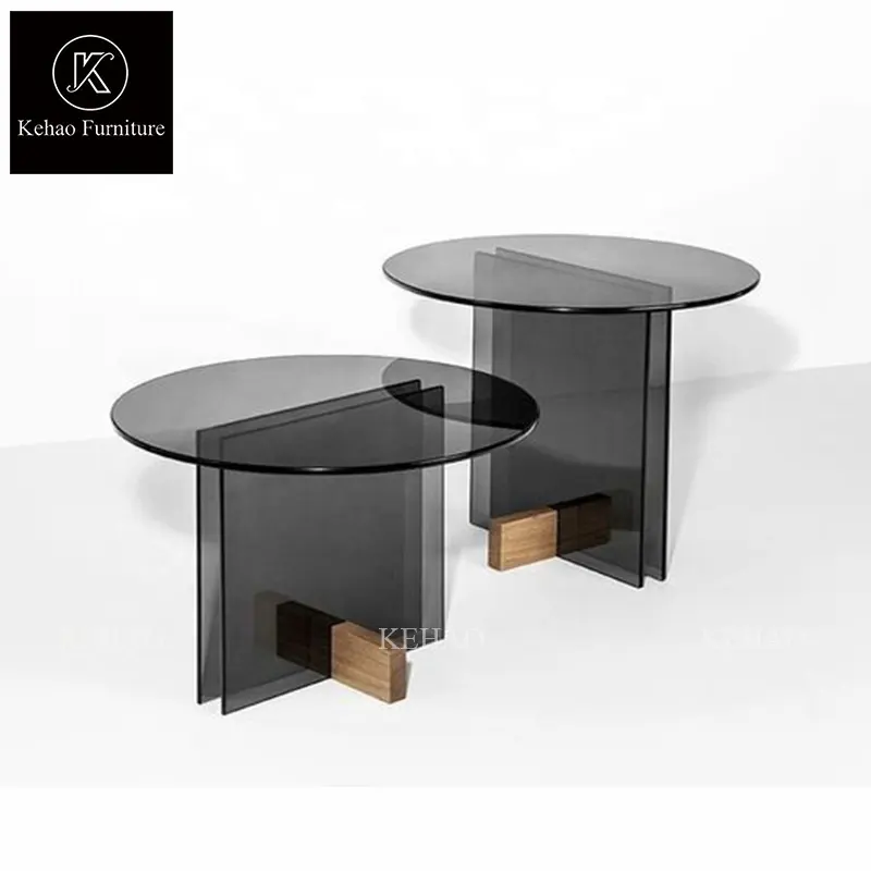 Ensemble de table d'appoint en verre rond moderne simple table basse d'appoint en verre trempé noir pour le salon ensemble de table d'extrémité en bois