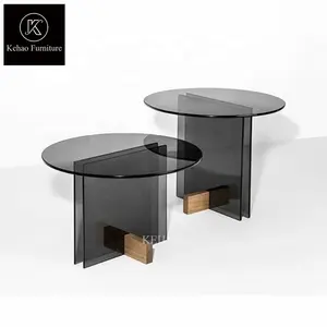 Modern simple round glass side table set black tempered glass top side coffee table for living room wood end table set
