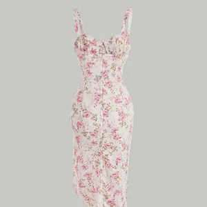 गर्मियों में महिलाओं के सुरुचिपूर्ण शिफॉन सुरुचिपूर्ण Allover पुष्प प्रिंट Ruched बस्ट व्याकुल मिडी पोशाक