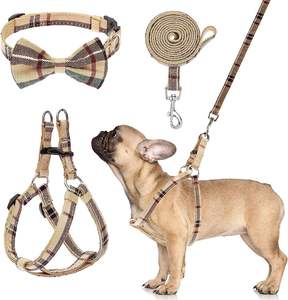 Juego de correa de collar de arnés para perro, arnés de perro pequeño a prueba de escape ajustable sin tirones, juego de Correa y arnés a cuadros clásico - Product Image 1