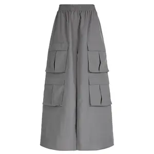 Fashion rok wanita, pakaian kerja tambal sulam saku pinggang elastis belahan tinggi A-line rok panjang rajut 100% poliester untuk wanita