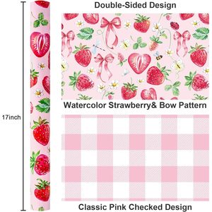 Strawberry Wrapping Paper Roll 17 Inch X 33 Feet <b>Pink</b> Floral Bow Design Gift <b>Wrap</b> Art Paper - Product Image 3