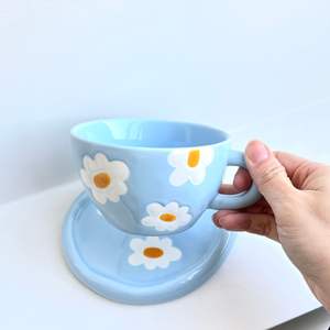 Superbe ensemble tasse à café et assiette en céramique peintes à la main motif œuf de fleur, tasse à latte artistique de très haute qualité, tasse à eau avec plateau - Product Image 5