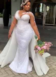 Nuovo Abito da Sposa Africano <span class=keywords><strong>Taglie</strong></span> <span class=keywords><strong>Forti</strong></span> con Coda a Sirena Rimovibile, Ricamo di Perle, Alta Qualità - Product Image 1