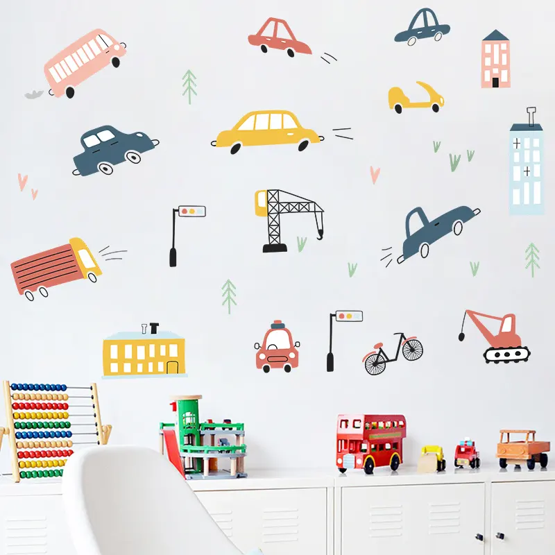 Colored Cartoon Cars Stickers For Room Wall Self Adhesive Kid's Bedroom Decorative Wallpaper Creative TV Background Decor Murals