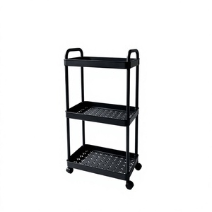 Élégante étagère de rangement en métal noir à trois niveaux avec roulettes, type sur pied, pour la décoration et l'organisation du salon à la maison - Product Image 2