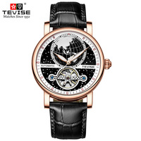 Montre mécanique pour homme TEVISE T867K, bracelet en acier et cuir, cadran rond, aiguilles lumineuses, verre minéral, résistante à l'eau, montre tendance
