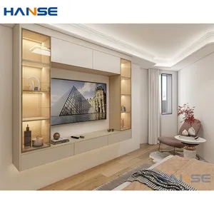 Modern home hotel floating wooden tv cabinets furniture designs living room led lighting wall mounted screen tv cabinet design