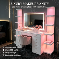 Ensemble coiffeuse moderne en MDF avec 9 tiroirs, grand rangement, éclairage LED, rose, pour chambre de princesse, salle de bain, salon, hôtel