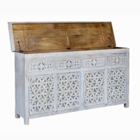 Buffet en bois massif sculpté à la main – Meuble de rangement 4 portes et 4 tiroirs finition blanchie – Credenza Shabby Chic avec décor Jali
