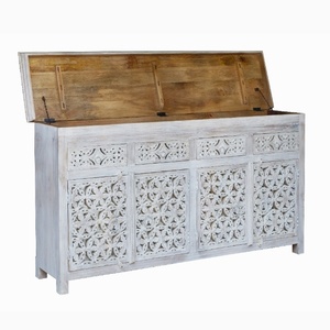 ตู้ไซด์บอร์ดไม้แกะสลักด้วยมือ – ตู้บุฟเฟ่ต์ 4 บาน 4 ลิ้นชัก สีขาววอช – ตู้เก็บของสไตล์ชาบี้ชิค ลายฉลุแบบจาลี - Product Image 3