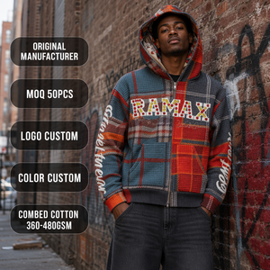 Sweat à capuche streetwear pour homme personnalisé en tricot gaufré à carreaux 420 GSM, zippé, patchwork, graphique clouté, côtelé, avec doublure tapisserie - Product Image 1