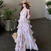 Robe longue d'été tendance à imprimé floral, dos nu, à lacets, à volants étagés, pour femme, idéale pour les soirées à la plage