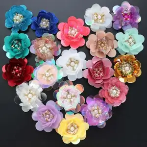 Sequin Crystal Beaded mix Pink White Green flower Applique sew on cloth patch DIY garment accessory