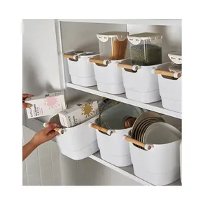 Household Sundries Organizer Box Plastic Storage Basket Multipurpose Storage Container with Wooden Handle