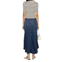Jupe longue en jean plissée décontractée vintage pour femme avec logo personnalisé, bleu indigo, avec détails de frange et panneau à la taille