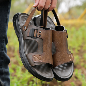 Sandalias de Verano para Hombre, de Cuero Genuino, Punta Abierta, Suela de Goma Antideslizante, Casuales para Exteriores - Product Image 1