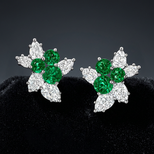 Flower Shape <b>Stud</b> <b>Earrings</b> With Marquise Cut Diamonds And Emeralds In 925 Silver For Women Luxury Everyday Wear - Product Image 3